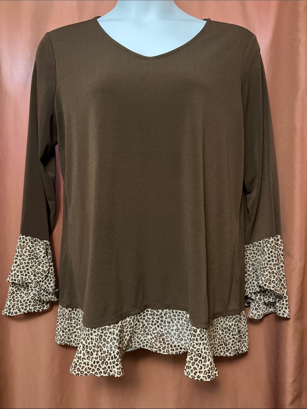 Susan Graver Brown Long-Sleeve Top with Leopard Ruffle Trim